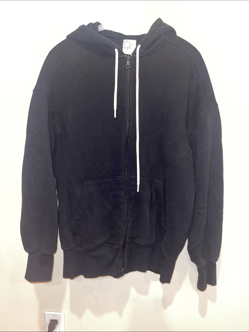 aerie Black Full-Zip Hoodie with White Drawstrings